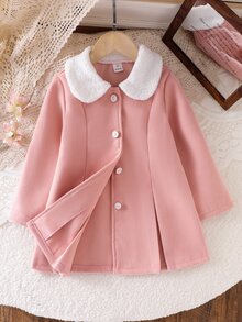 SHEIN Elladie kids 秋季毛絨領單排扣A字夾克套裝，柔軟羊毛外套，甜美公主風寬鬆版型風衣，適合日常、派對、假期秋季穿著 - 粉色 - 查看 3