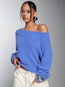 Denimoi Women's Autumn/Winter Solid Color Asymmetrical Shoulder Straight Neckline Loose Oversized Chunky Knit Long Sleeve Sweater - Blue - View 3