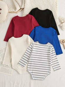 SHEIN Playful Pals 5件組新生兒男嬰連身衣 可愛紅黑藍白條紋 領口開肩長袖圓領 常規款 派對 秋季 聖誕節 萬聖節 多件裝 - 彩色 - 查看 2
