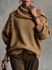 Breezaya Women's Button Decor Asymmetrical Shoulder Pullover Sweater, Sexy Style - Bronze - View 4