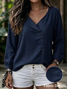EMERY ROSE Women's Plus Size Spring/Autumn Faux Linen V-Neck Blouse, Loose Fit Asymmetric Button Front Long Sleeve Top, Casual Commute Daily Travel Solid Color Pullover Shirt - Navy Blue - View 1