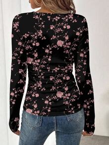 SHEIN LUNE Casual Minimalist Plus Size Square Neck Floral Print Daily Wear T-Shirt - Multicolor - View 2