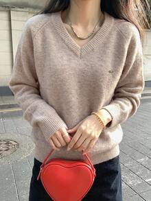 DAZY Solid Color Loose Long Sleeve V-Neck Casual Daily Vacation Korean Style Autumn/Winter Pullover Thick Knit Sweater For Women - Apricot - View 5
