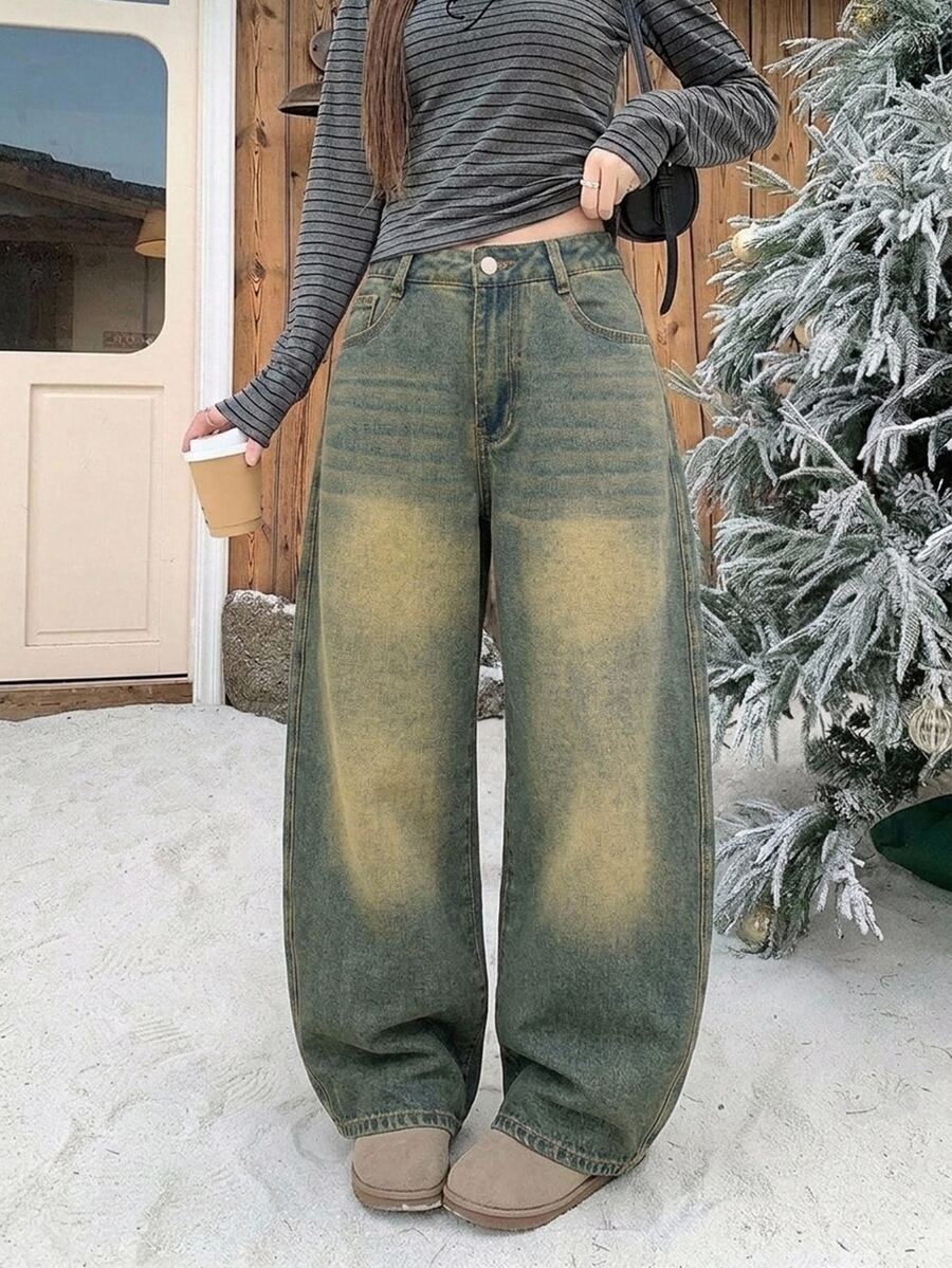DAZY Vintage Washed Yellow Loose Wide Leg Casual Street Vacation Korean Style Autumn/Winter Long Jeans For Women - Blue - View 1