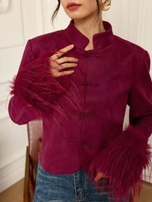 EastFlair Women's Fashion Regular Jacket With Frog Button Front And Faux Fur Cuffs - Rose Red - View 2