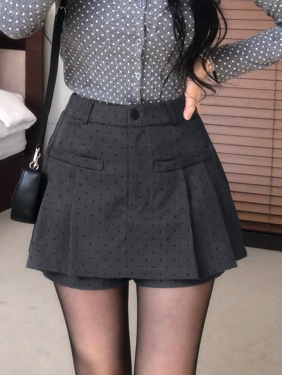 DAZY Women's Polka Dot Casual Pleated Skort - Dark Grey - View 1