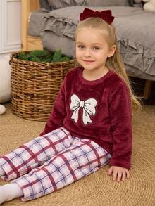 Genkimix Kids Girls' Plush Plaid Long Sleeve Top And Pants Casual Comfortable Soft 2 Pieces Lounge Wear Set Pajamas - Red - View 2
