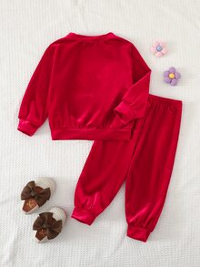 Cozy Pixies 女嬰字母皇冠刺繡圖案天鵝絨圓領長袖套頭衛衣彈性腰長褲 2件/套 幼兒女童服裝 舒適百搭時尚日常可愛休閒簡約百搭風格，秋冬，適合室內、戶外休閒、戶外滑雪、返校、日常、運動、玩耍、派對、節日、萬聖節、聖誕節、新年、情人節，多種場合 - 紅色 - 查看 2