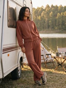 Exploreva Women's Brown Zipper Long Sleeve Sweatshirt And Sweatpants Casual Sports Set - Brown - View 3