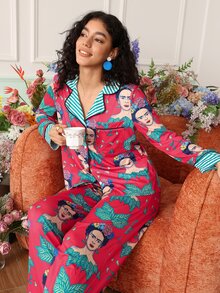 Chillnights Frida Kahlo X SHEIN Women's Character Print Single-Breasted Top And Pants Pajama Set - Red - View 7