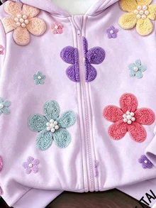 1 Pc Young Girls Fall Style Floral Print Zip-Up Sweatshirt, Casual Fall Clothes - Multicolor - View 5
