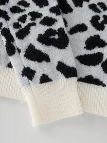 SHEIN LUNE Women's Autumn/Winter Leopard Print Long Sleeve Zip Front Knit Cardigan - Black and White - View 5