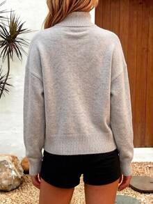 Zayélia Women's Solid Color High Neck Drop Shoulder Long Sleeve Button Design Casual Sweater, Autumn/Winter - Light Grey - View 2