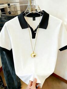 EMERY ROSE Plus Size Women's Casual Patchwork Striped Trim Polo Collar Short Sleeve T-Shirt - Multicolor - View 4
