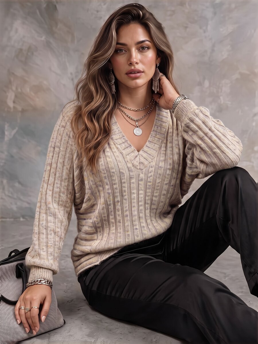 Ceyna كنزة صوفية نسائية مقاس كبير بتصميم أكمام خفاشية مضلعة، كاجوال للتنقل اليومي، ملابس علوية للخريف/الشتاء - متعدد الألوان - مشاهدة 1