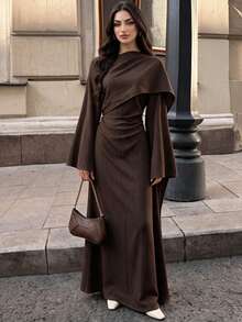 Elenzga Women's Autumn/Winter Fashion Casual Patchwork Design Ruched Waist Flare Sleeve Long Dress, Suitable For Daily Wear, Shopping And Dating - Brown - View 5