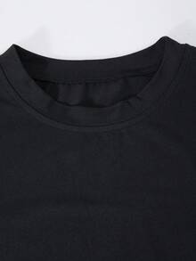 SHEIN 3件組青少年女孩休閒運動風保守款絎縫背心、長袖修身T恤、V腰長褲套裝，黑色，適合家庭度假、秋季、學校、慢跑 - 黑色 - 查看 3