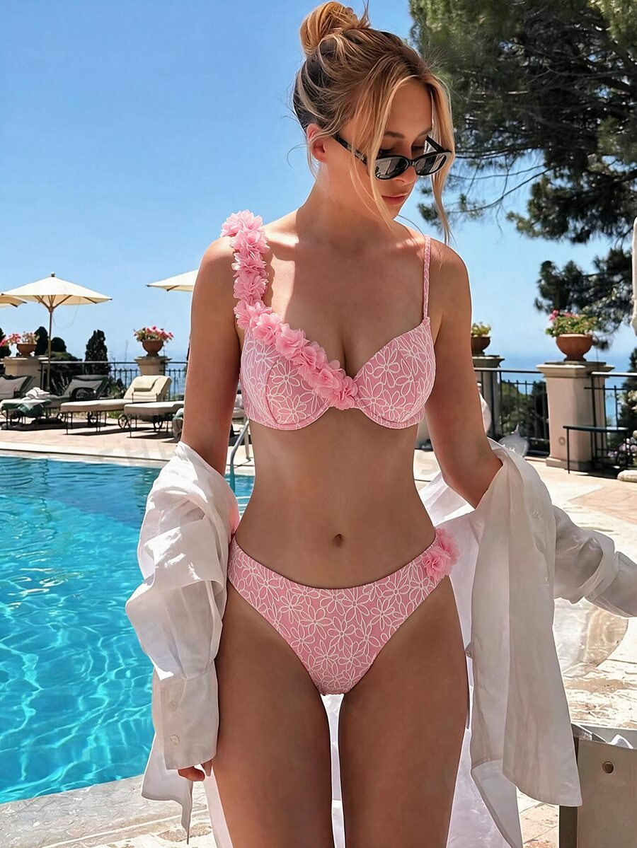 SHEIN Swim Vcay 女款 3D 花卉裝飾比基尼兩件式泳衣,附胸墊與鋼圈支撐 - 粉色 - 查看 1