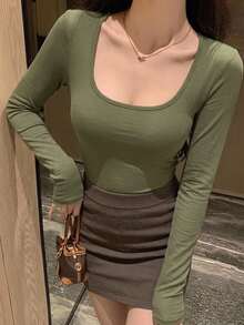 DAZY Women's Solid Color Square Neck Long Sleeve Slim Fit Casual T-Shirt - Army Green - View 10