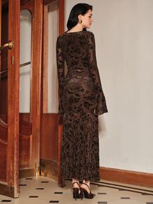 Anewsta Women's Elegant Autumn/Winter Mesh Bottom Flocked Rose Long Sleeve Mermaid Dress - Dark Brown - View 2