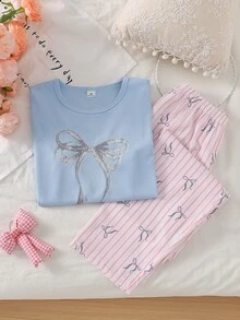 Girls' Light Blue Bow Print Long Sleeve Top And Full Bow Print Contrast Trim Long Pants Loungewear Set - Multicolor - View 4