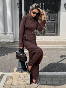 Serisse Women's Solid Color Fashion Minimalist Long Shirt & Pants 2 Pieces Set - Brown - View 5
