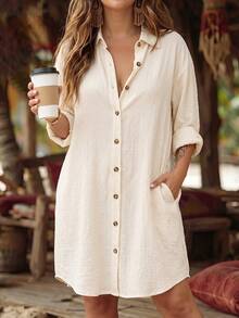 SHEIN LUNE Women's Autumn/Winter New Hot-Selling Casual Versatile Shirt Dress Plus Size - Apricot - View 1