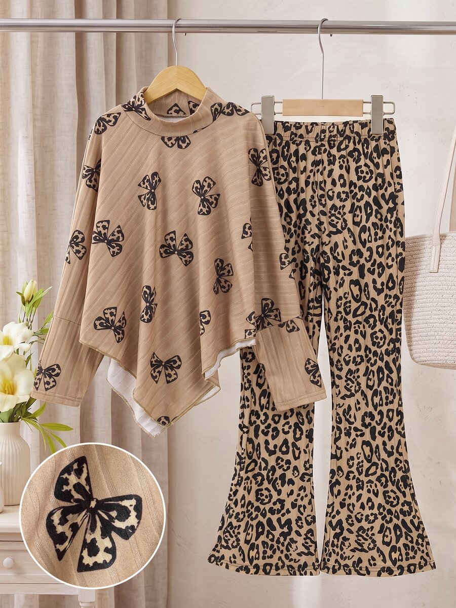 SHEIN Sparklyn Tween Girls Bow Mock Neck Asymmetric Top & Leopard Bell Bottoms 2pcs Outfits Set For Fall Winter - White - View 1