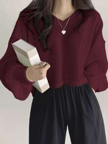 DAZY Women's Solid Color V-Neck Fashion Casual Long Sleeve T-Shirt - Red - View 3