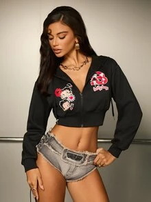 Betty Boop x SHEIN Áo nỉ dài tay in chữ cho nữ - màu đen - Xem 4