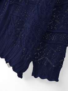 GlowEve CURVE Plus Size Elegant Hollow Out 3/4 Sleeve Round Neck Tie Bow Cardigan - Royal Blue - View 3