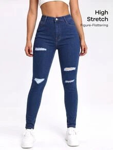 SHEIN EZwear 黑色斜口袋破洞緊身牛仔褲 - 藍色 - 查看 7