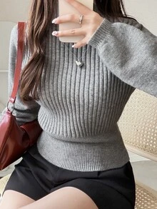 FRIFUL Women's Solid Color Stand Collar Long Sleeve Ribbed Slim Fit Sweater Office Grey Winter Casual - Grey - View 2