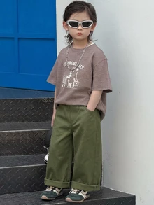Dazy Kids 小男孩純色寬腿鬆垮休閒百搭長褲 - 軍綠色 - 查看 3