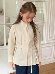 Hapijoa Girls' Stand Collar Long Sleeve Autumn Tie Waist Basic Jacket Shirt (Large) - Beige - View 3