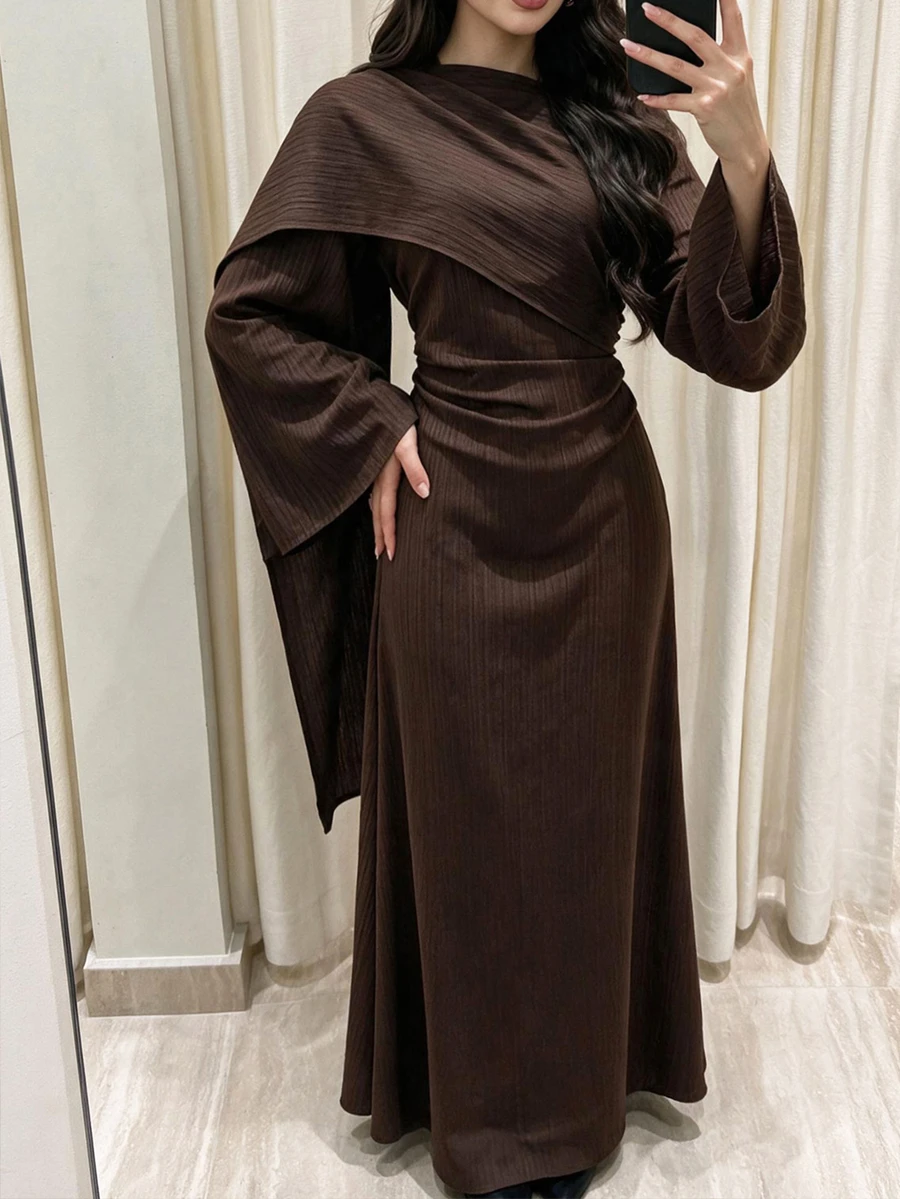Elenzga Women's Autumn/Winter Fashion Casual Patchwork Design Ruched Waist Flare Sleeve Long Dress, Suitable For Daily Wear, Shopping And Dating - Brown - View 1