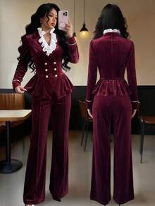 SHEIN Elenzya Women's Colorblock Pleated Long Sleeve Jacket And Pants Suit Set - Red - View 7