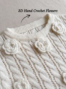 Suri Mira Women's Long Sleeve Hollow Crochet Floral Sweater - Beige - View 2