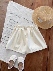 SHEIN LMoss Kids 女童小女孩梭織純色修身休閒短褲 - 米色 - 查看 2