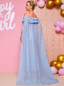 Loomaby Maternity 3D Floral Decor Off-Shoulder Elegant Party Dress - Blue - View 7