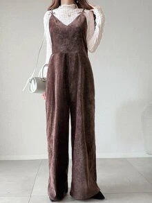 FRIFUL Women's Autumn Solid Color Velvet Bowknot Decor Jumpsuit - Coffee Brown - View 6