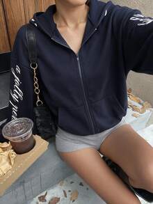 DAZY Women's Deep Blue Collar Zip-Up Letter Print Pocket Loose Drop Shoulder Long Sleeve Casual Sports Sweatshirt Jacket - Navy Blue - View 5