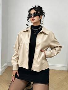 POPSWAY 大尺碼純色PU長袖拉鍊翻領夾克外套 - 杏色 - 查看 3