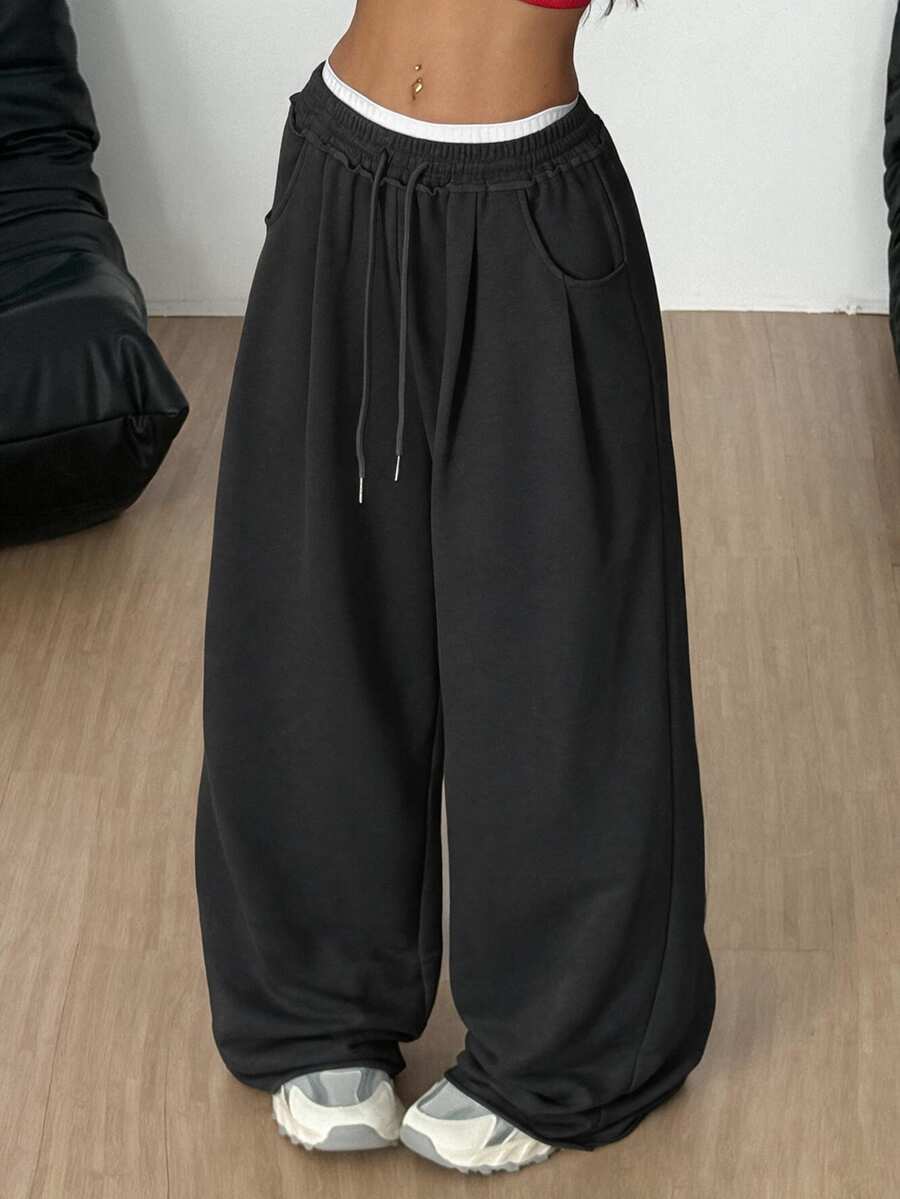Coolane Plus Size Women's Drawstring Waist Pocket Wide Leg Loose Casual Long Pants Fall - Dark Grey - View 1