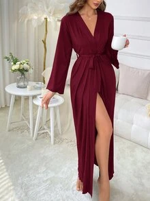 SHEIN 女款長袖寬鬆休閒居家睡袍 - 酒紅色 - 查看 3