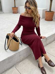 Strévra Women's 2pcs Set: Burgundy Round Neck Long Sleeve Knit Sweater & High Waist Slim Fit Ribbed Knit Pants, Autumn/Winter - Burgundy - View 5