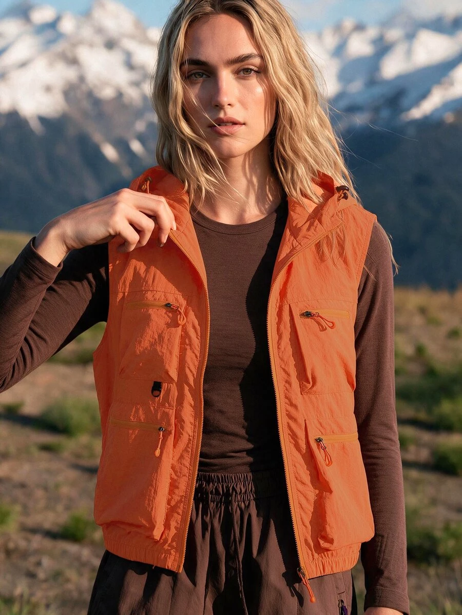 WanderVale Women's Solid Color Large Pocket Zipper Front Sleeveless Outdoor Sports Vest - Orange - View 1