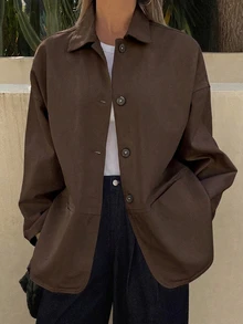 DAZY 女款寬鬆版型長袖開襟牛仔外套，休閒都市風水洗牛仔夾克 - 咖啡棕 - 查看 6