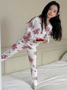 DAZY Girls (Large) V-Neck Casual Floral Print Home Daily Fitted Thermal Top & Pants 2 Pieces Set Loungewear - White - View 6
