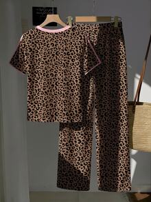 SHEIN EZwear Autumn/Winter New 2-Piece Set Leopard Print Contrast Color Striped Crew Neck Short Sleeve Top And Striped Print Pants, Casual - Multicolor - View 2